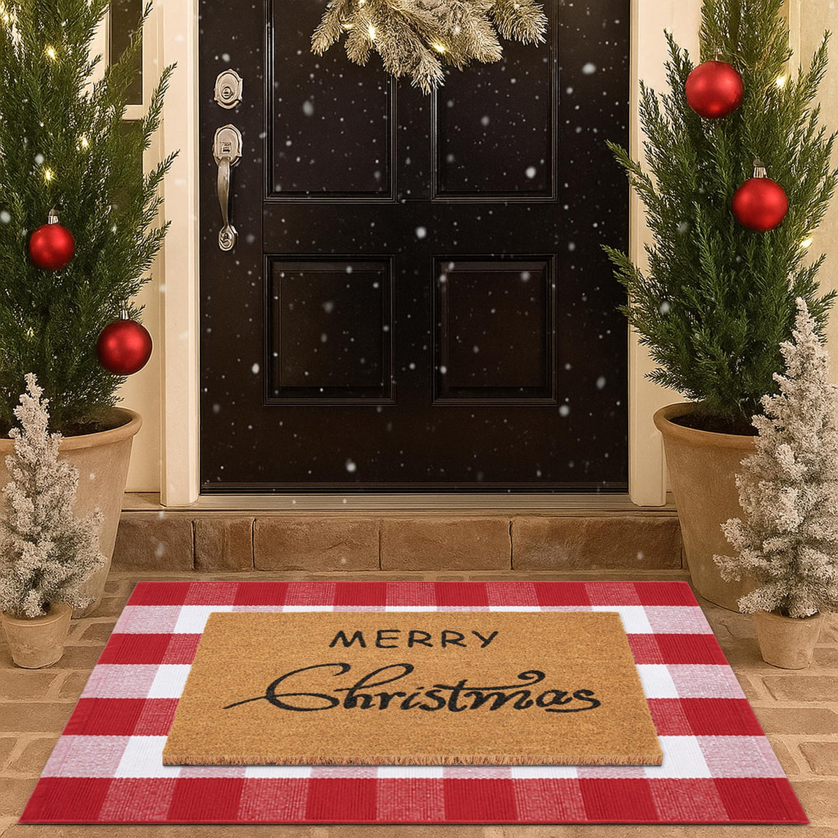 Christmas Door Mat Combo Set - 100% Coco Coir Welcome Mat + 3' x 5' Red and White Plaid Rug, Christmas New Year Holiday Collection Doormat for Front Porch Entryway Decorative