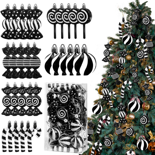 Christmas Candy Cane Lollipop Ornaments for Christmas Tree 30Pcs Xmas Plastic Peppermint Christmas Tree Hanging Ball Pendants for Xmas Party Indoor New Year Holiday Home Decorations (Black)