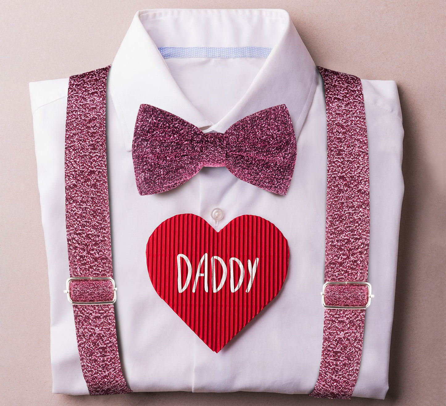 TIE G Men's Glitter Velvet Suspender + Bow Tie Set for Wedding, Party : Glittering Effects, Adjustable Braces, Strong 6 Clips (Twinkle Rose Pink)