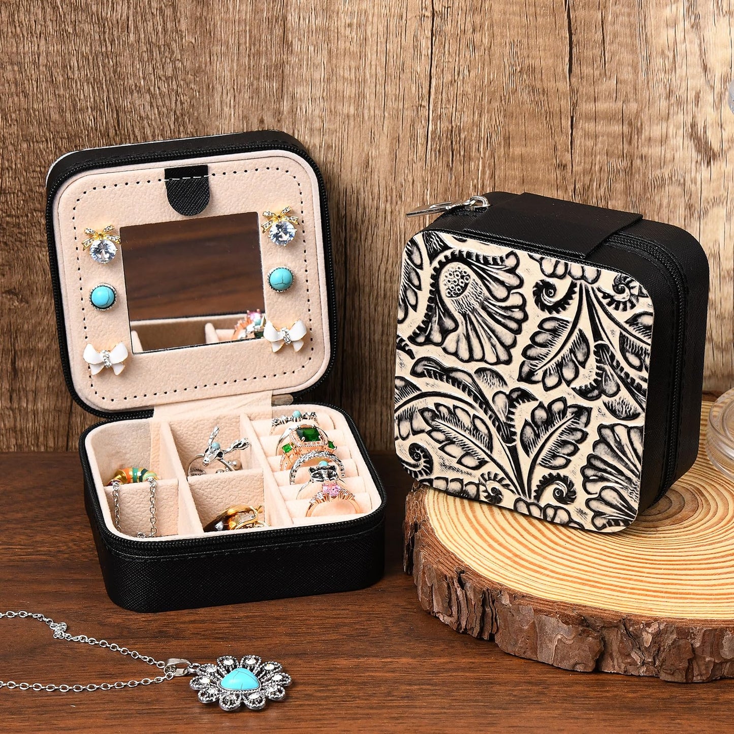 DEEKA Western Jewelry Box Case Real Leather Black and Beige Embossed Tooled Travel Jewelry Organizer Gifts Christmas Gifts for Women Country Girls Cowgirl Stuff Portable Travel Accessories -Black