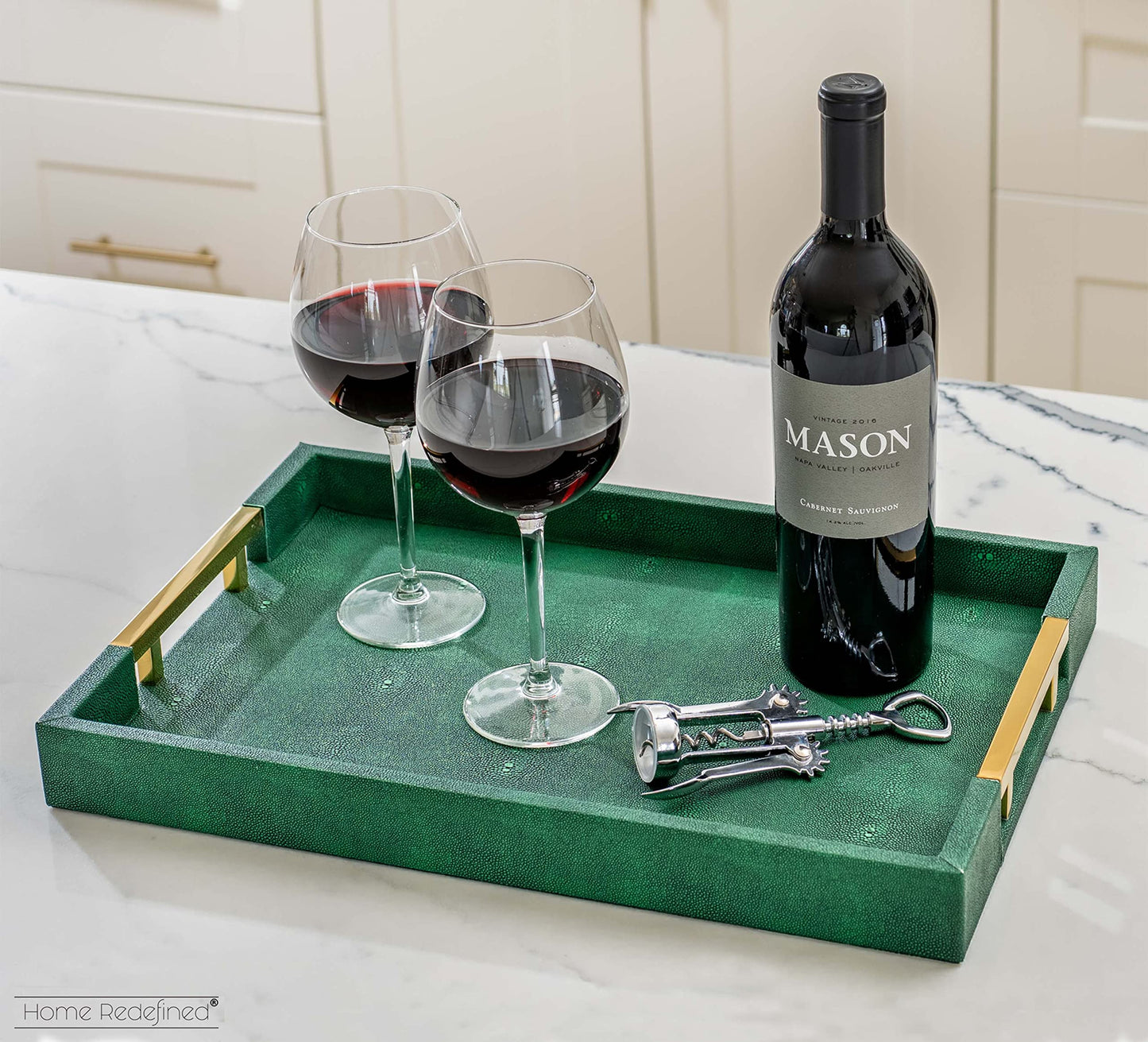 Modern Elegant 17.5"x12" Rectangle Emerald Green Shagreen Faux Leather Decorative Tray Ottoman Coffee Table Perfume Living Room Kitchen Serving Tray with Gold Polished Metal Handles for All Occasion's