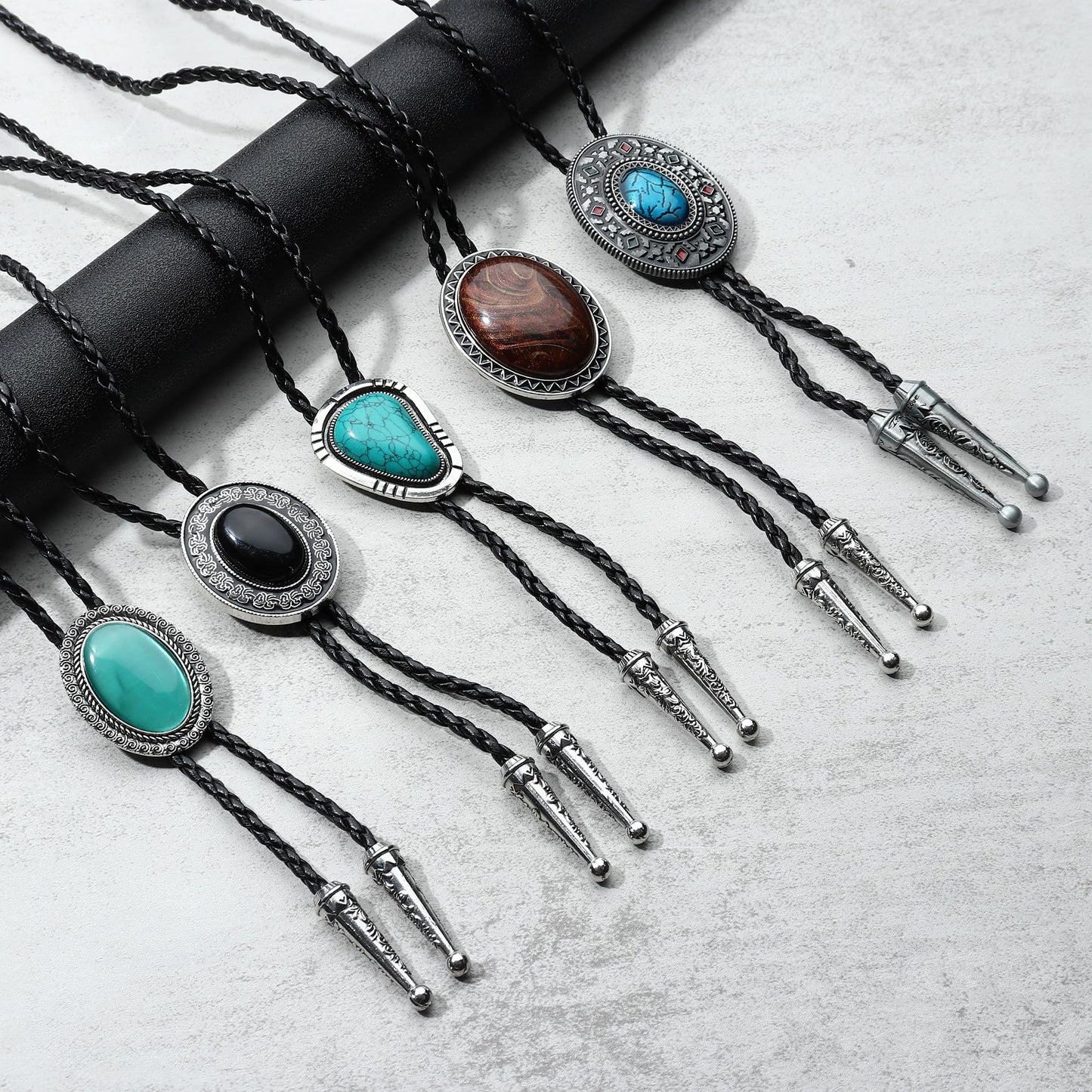 Fansilver 5Pcs Handmade Bolo Tie for Men Western Cowboy Leather Necktie Halloween Costume Accessories for Men Women