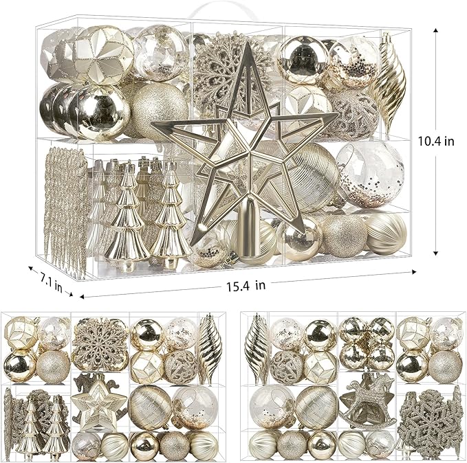 SHareconn 100pcs Christmas Tree Decorations Ornaments Set, Shatterproof Plastic Baubles Decorative Balls for Xmas Tree Decor Holiday Wedding Party, ChampagneGold