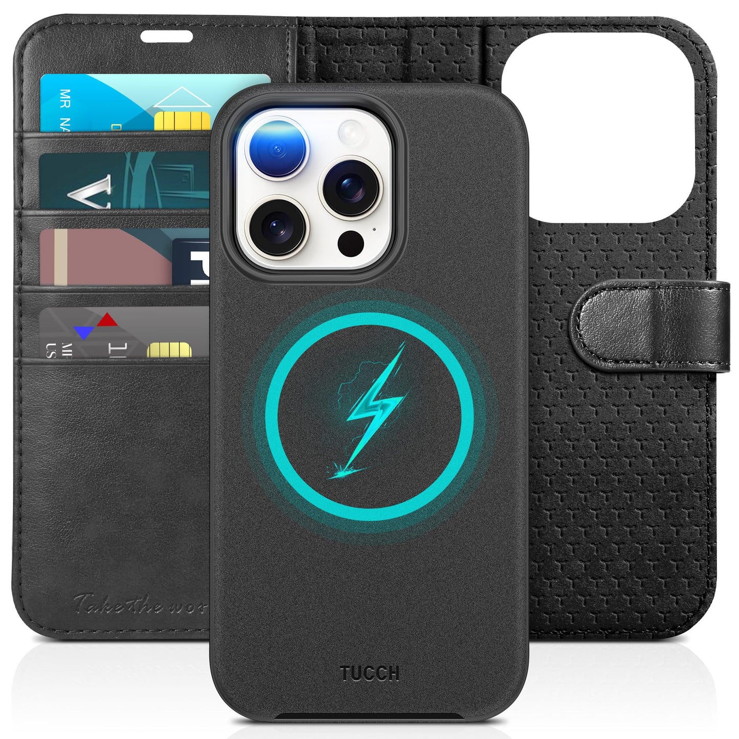 TUCCH Case Wallet for iPhone 15 Pro, Detachable Stand RFID Blocking 4 Card Slot Wireless Charging Shockproof Case, 2-in-1 Magnetic PU Leather Removable Folio Compatible with iPhone 15 Pro 6.1", Black