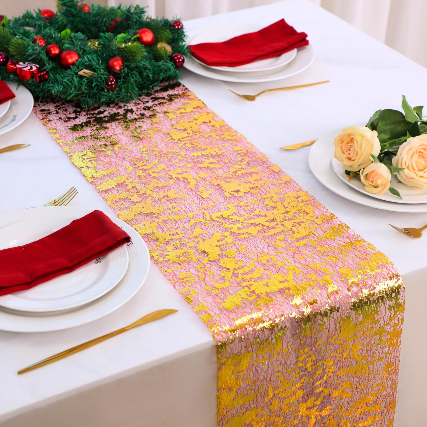Snowkingdom 2Pcs Gold Table Runner, 11×108 Inch Red and Gold Sequin Glitter Foil Metallic Thin Mesh Table Runner, Sparkle Centerpiece for Wedding Party Birthday Holiday Kitchen Dinner Decoration