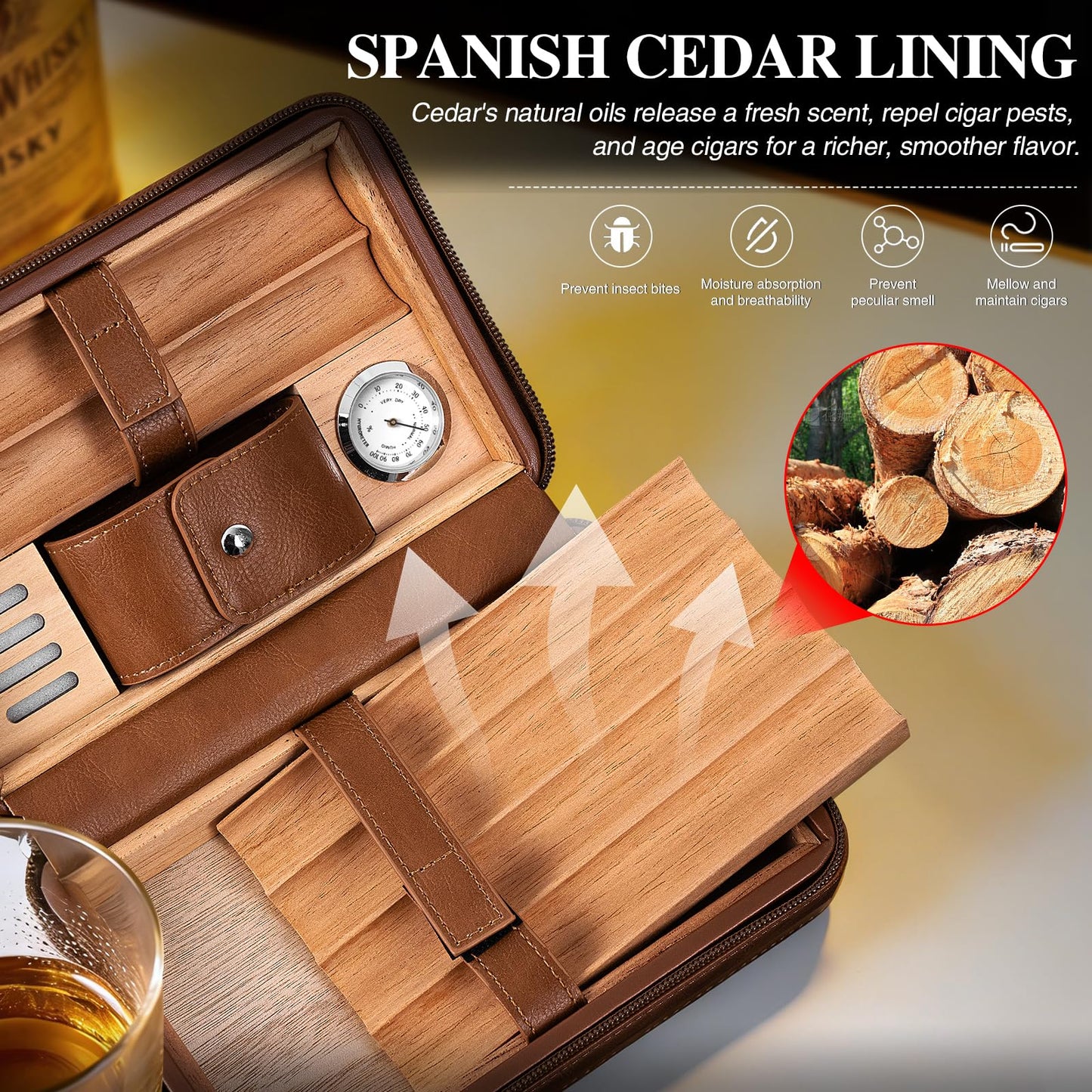 Goshentech Leather cedar cood,Capacity: 6 pcs,portable travel case (Brown)