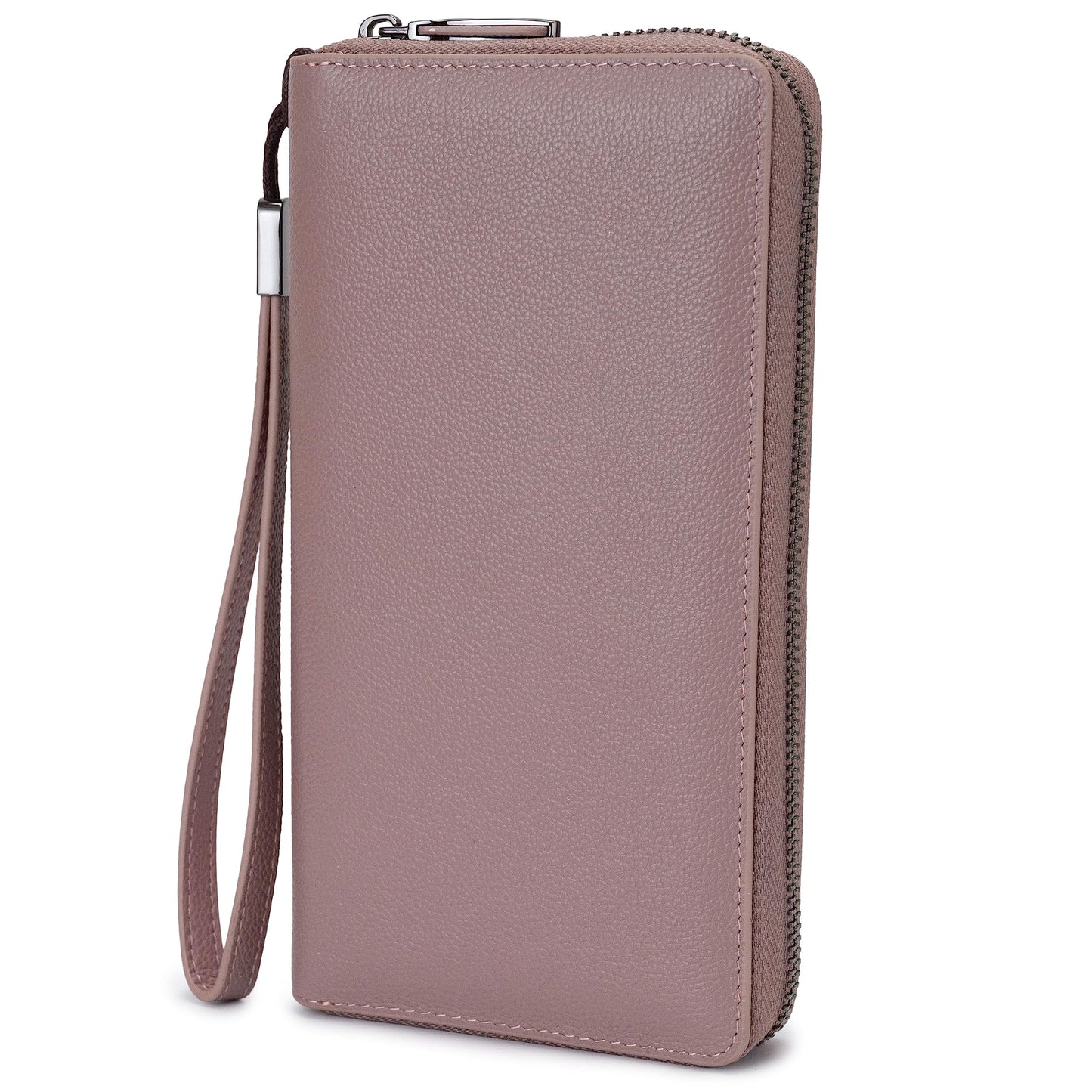 Bveyzi Women RFID Blocking Wallet Leather Zip Around Phone Clutch Large Capacity Ladies Travel Purse Wristlet (Dark Pink)
