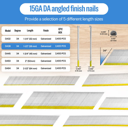 meite 15 Gauge Angled Finish Nails 1-1/2 Inch 34 Degree Nails for Pneumatic or Electric Finish Nailer, Galvanized No-Rust Finishing Nail for Cabinet Crown Baseboard Window Casing, DA Style 19,200 PCS