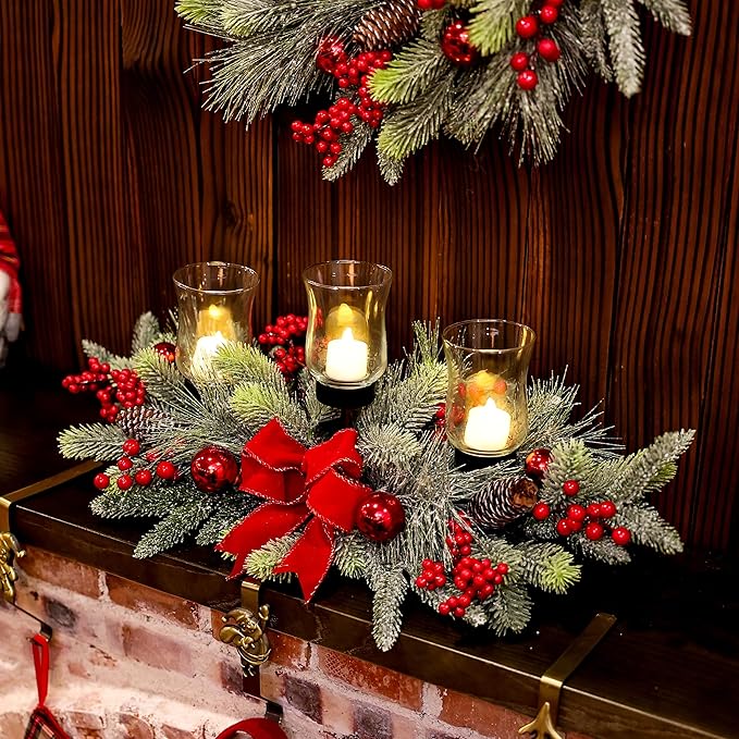 MOONET Red Christmas Table Centerpiece, Cedar with 3 Candlestick Glass Cup, Red Berry, Christmas Balls for Holiday Party, Home, Fireplace