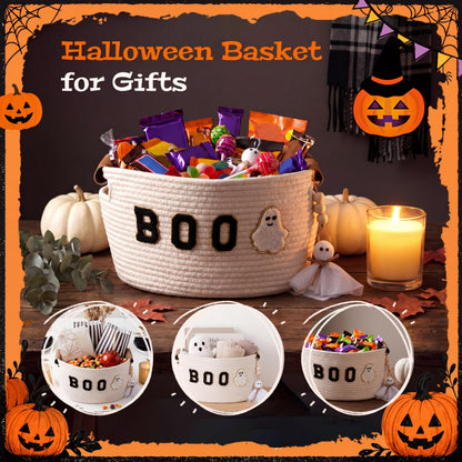 Acellegic Halloween Woven Rope Basket 13 x 8.7 x 7.9 Inch BOO Ghost Decorative Storage Basket with Ghost Pendant Halloween Candy Bowl Trick or Treat Bucket Party Favors for Home Nursery Organizer
