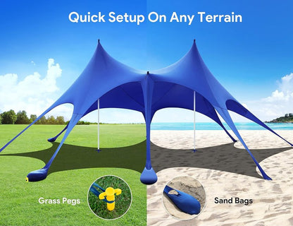 Beach Tent - 20 x 13ft Camping Sun Shelter with UPF50+ Protection | Includes 8 Sandbags, Shovels, Pegs & Stability Poles - Blue
