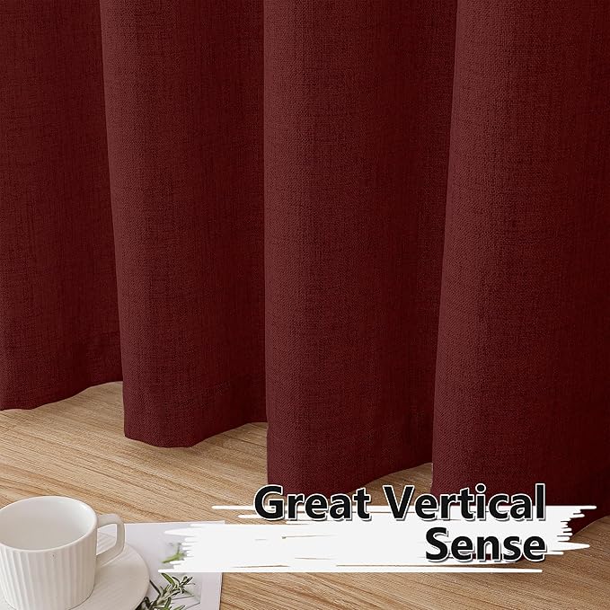 Tollpiz Linen Curtain Bedroom Rod Pocket Semi Sheer Curtains Burlap Light Filtering Thick Linen Drape for Living Room, 38 x 84 inches Long, Burgundy Red, Set of 2 Panels