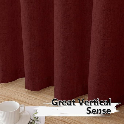 Tollpiz Linen Curtains Living Room Rod Pocket Semi Sheer Curtain Burlap Light Filtering Thick Linen Drapes for Bedroom, 38 x 63 inches Long, Burgundy Red, Set of 2 Panels