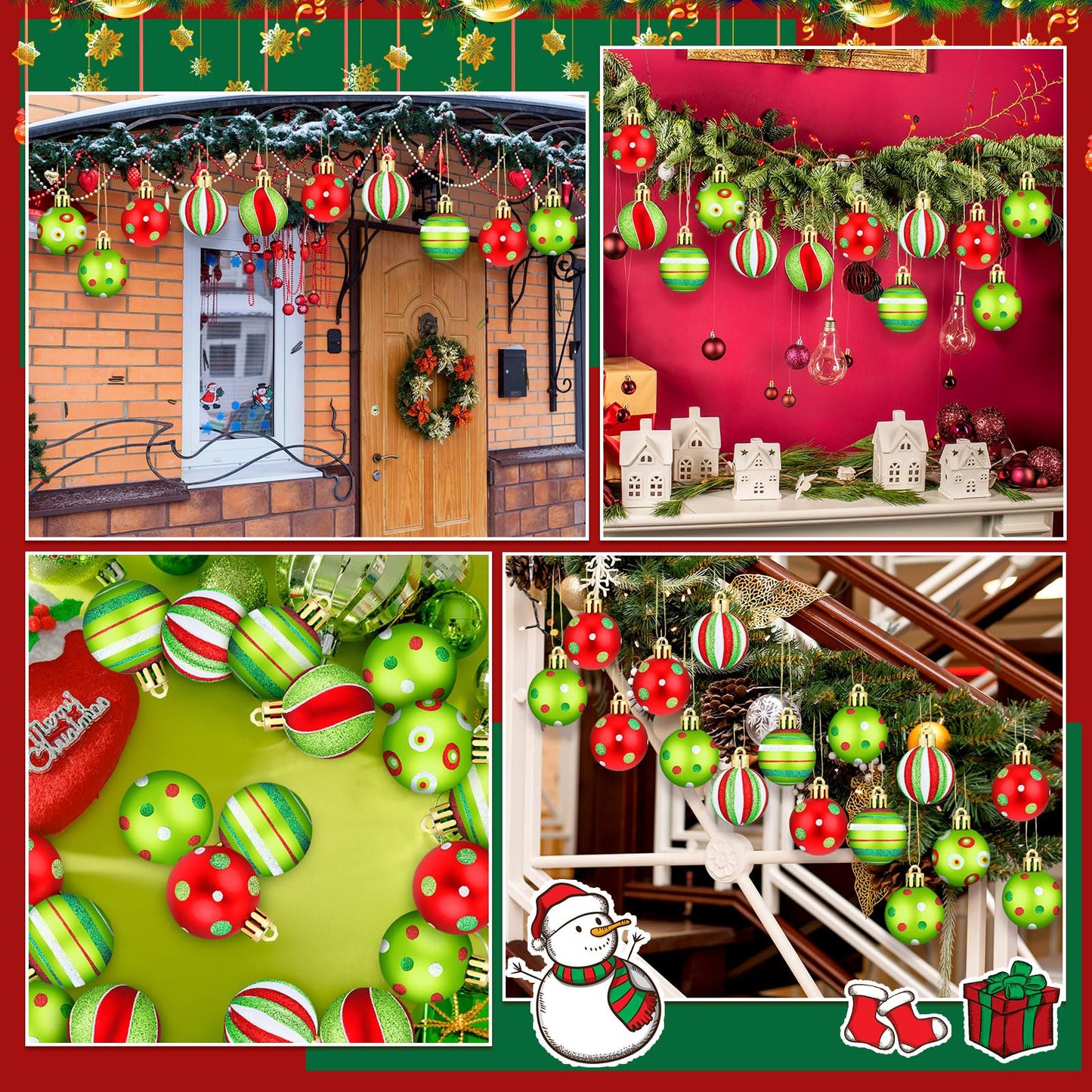 Jetec 12 Pcs Lime Green and Red Christmas Ball Ornaments for Tree 2.4 Inch Polka Dots Stripes Christmas Decorations Shatterproof Peppermint Candy Cane Xmas Baubles for Tree Home Wreath Party Decor