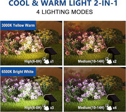 Solar Spot Lights Outdoor Waterproof IP65,4 Pack,2CCT(3000K/6500K),4 Lighting Modes Selectable, Solar Powered Yard Garden Solar Spot Lights for Outside Landscape Auto On/Off
