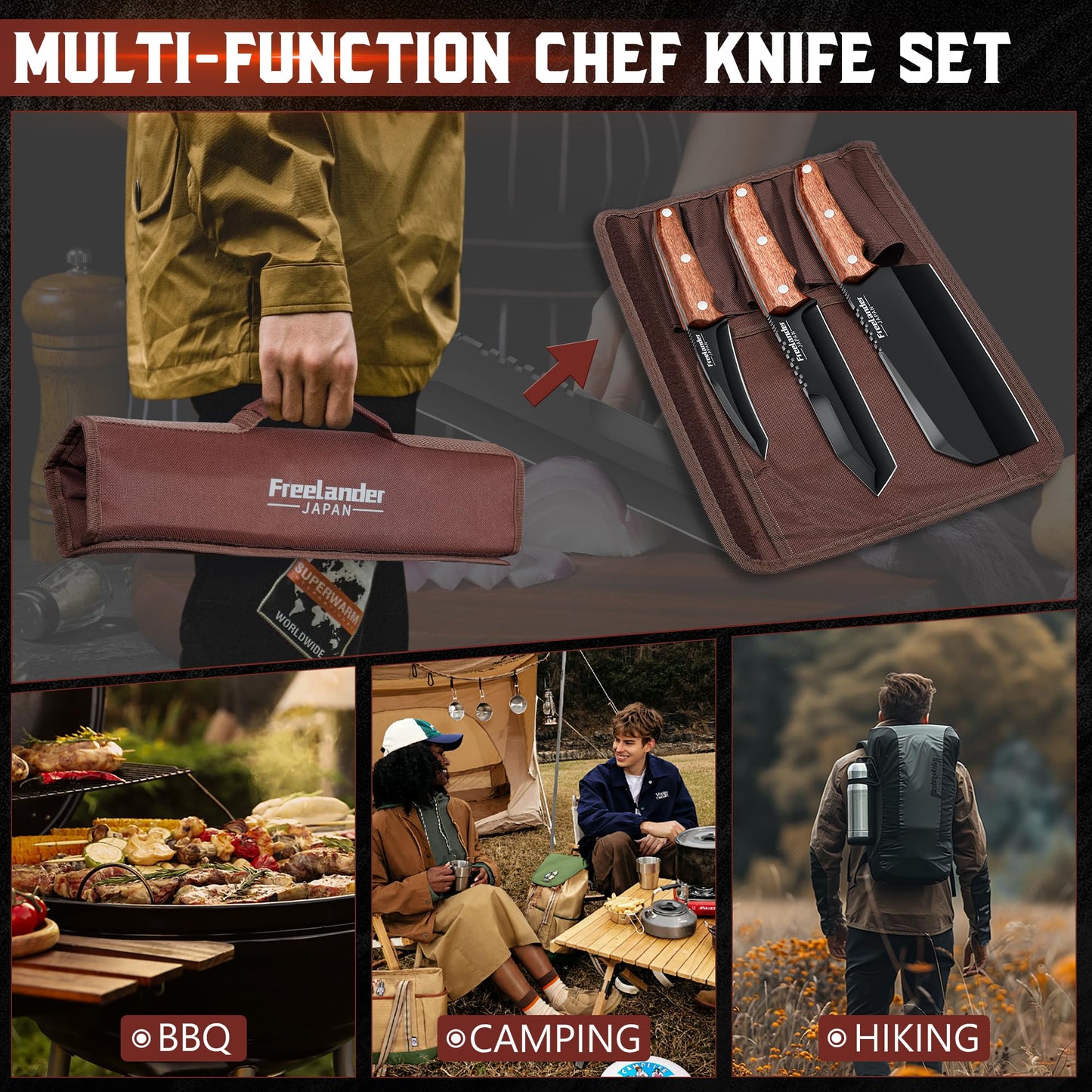 Freelander Butcher Knife Set 3 PCS, Japanese Chef Knife Set with Roll Bag, Full Tang Meat Cleaver for Kitchen & Camping & BBQ, Gift for Men