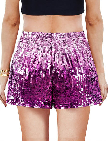 MANER Women's Sequin Shorts Sparkly Stretchy Night Out Party High Waisted Shorts (L / US12-14, Periwinkle/Festival Fuchsia)