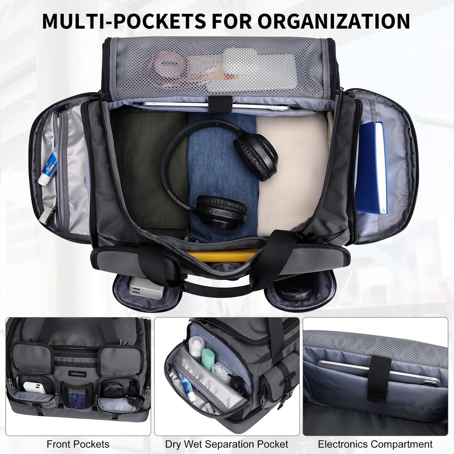 WITZMAN Duffle Bag for Men Large Carry On Travel Mens Weekender Overnight Bags with Shoes Compartment for Sports Gym(B723 Silvery Grey)