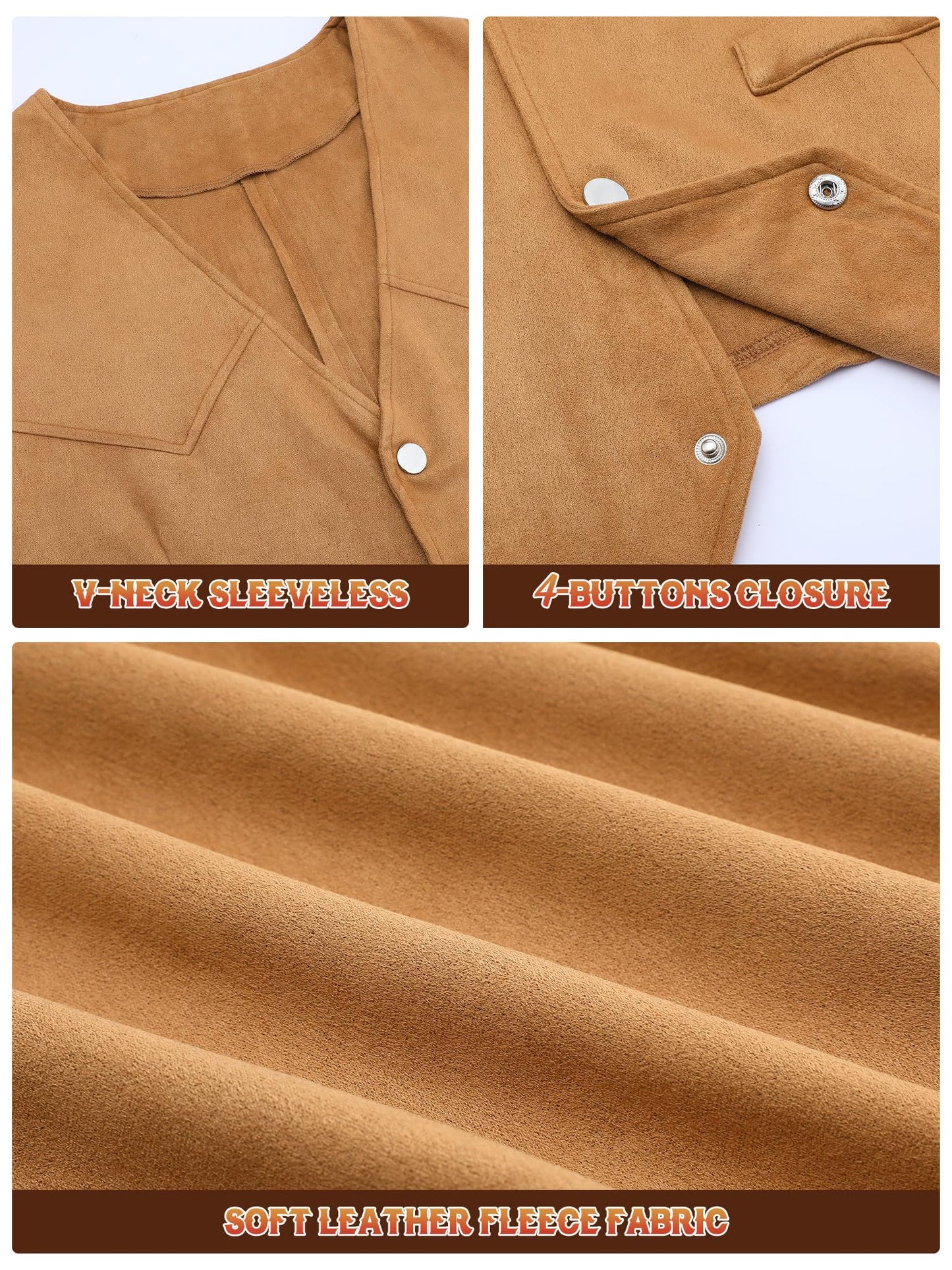 Cutecrop 4 Pcs Western Cowboy Outfits for Men Suede Leather Vest Hat Bolo Tie Belt for Western Halloween Cosplay(Medium,Brown)