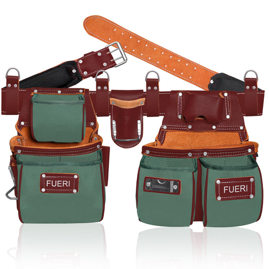 FUERI Electrician's Heavy Duty Tool Belt for Men, Made of Thick Leather and Durable Nylon, Comes with Adjustable Padded Tool Belt, Storage Capacity Tool Pouches, Hammer Holder, And Suspender Loops.