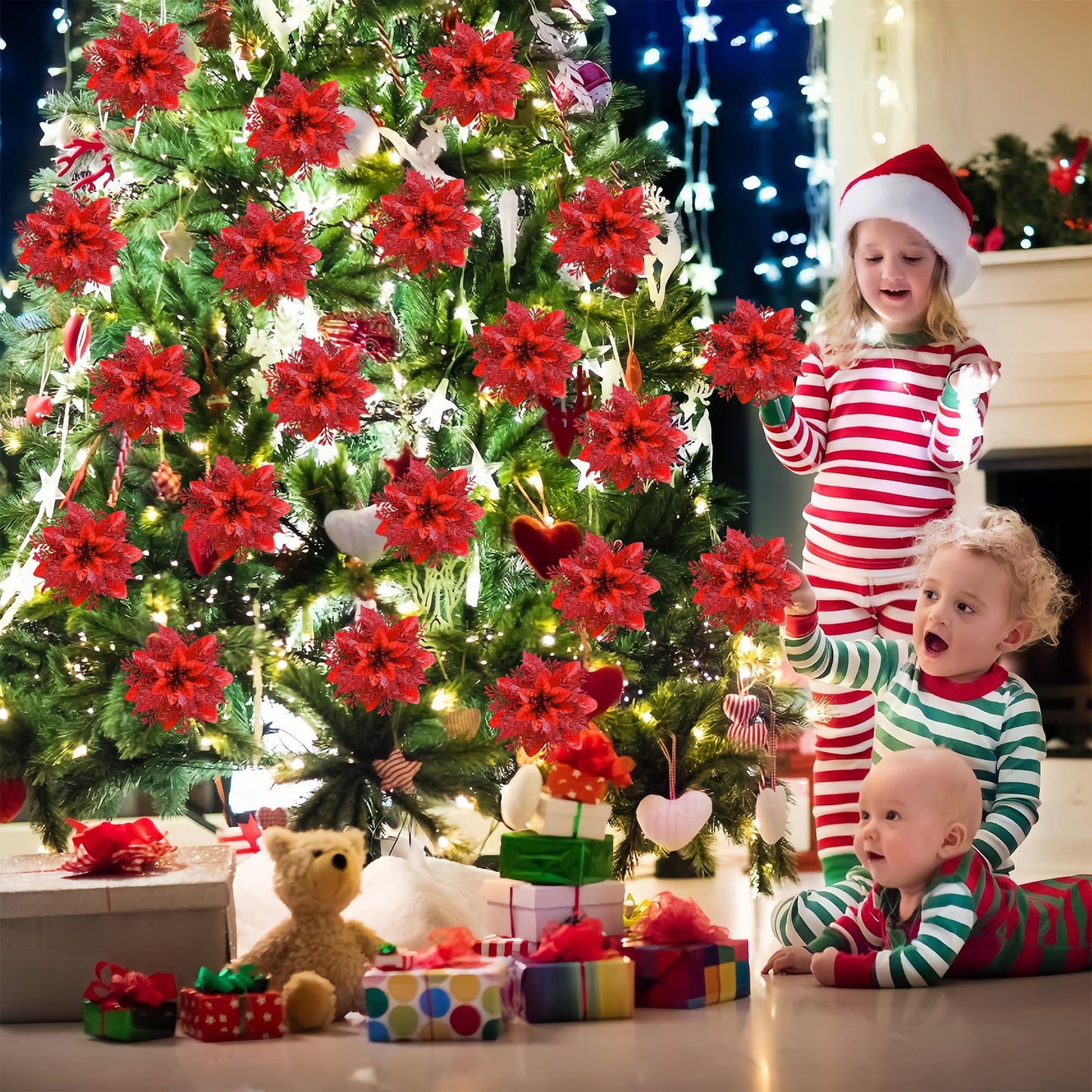 20Pcs 5.5" Red Poinsettias Glitter Artificial Christmas Flowers,Christmas Tree Decorations Christmas Ornaments Glitter Poinsettia with Clips , Christmas Decor for Xmas Tree Wedding Party Holiday