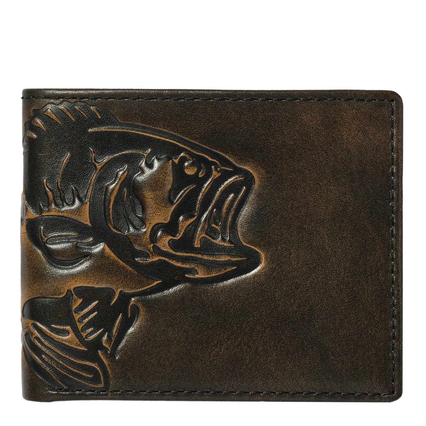 House of Jack Co. Bass Fish Double ID Bifold Wallet for Men, Full Grain Leather Bifold Wallet, 2 ID Windows, 10 Card Slots, Fishing Wallet, Black