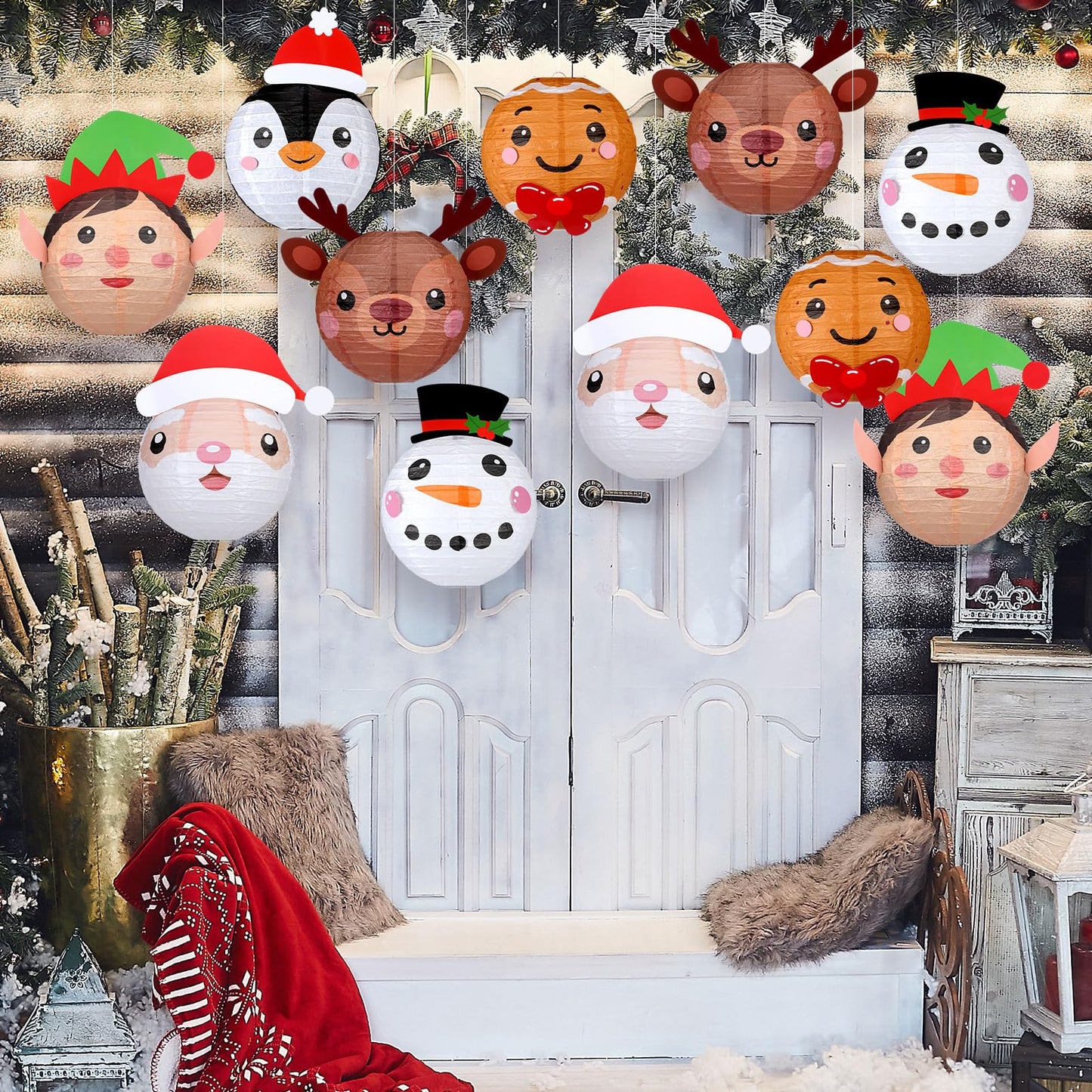Baquler 12 Pcs Christmas Paper Lanterns 8 Inch Christmas Party Lanterns Gingerbread Man Elk Snowman Green Elf Winter Round Hanging Ornaments for Xmas Winter Holiday Decorations