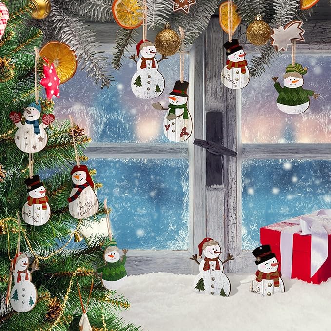 Weysat Snowman Christmas Tree Ornaments Decorations Christmas Tree Wooden Hanging Ornaments Winter Snowman Hanging Ornament with Lanyard for Xmas Holiday Party Favor Supplies(72 Pcs)