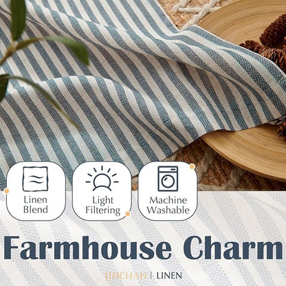 jinchan Striped Linen Kitchen Curtains 45 Inches Length Tier Curtains Farmhouse Modern Cafe Style Small Window Treatments Airy Light Filtering Rod Pocket for Living Room Bathroom 2 Panels Blue