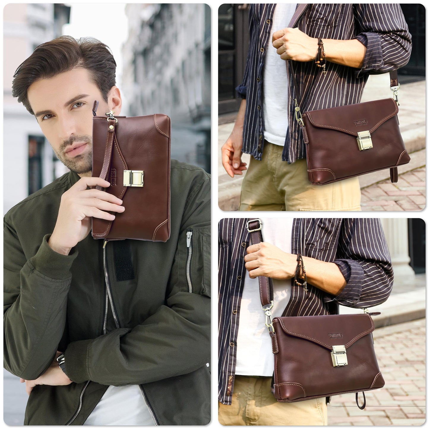 Top Grain Genuine Leather Clutch Wallet for Man & Woman, Handmade Retro Design, Combination Lock & Adjustable Shoulder Strap & Wristlet, Portable Handbag for Cards/Checks/Phone/Banknote, Dark Coffee