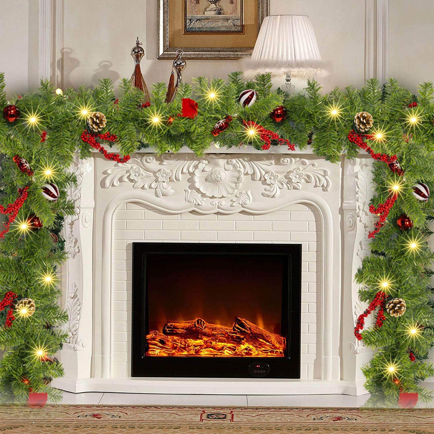 FUNPENY 9 FT Artificial Christmas Garland, Pre-Lit 50 LED Battery Operated Lighted Xmas Garland with 8 Modes for Indoor Holiday Door Home Decorations (Red)