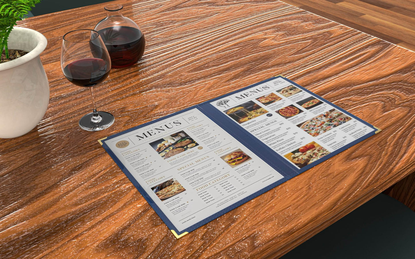 10 Pcs Menu Cover 8.5x14 Inch, Legal Size, 2 Pages / 4 Views Menu Sleeves, Clear Waterproof PVC Menu Holder (Blue Edge, Gold Metal Corners)