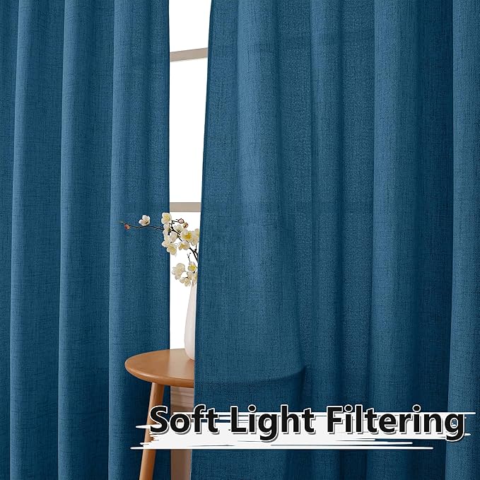 Tollpiz Linen Tier Curtain Rod Pocket Semi Sheer Half Kitchen Curtains Burlap Light Filtering Thick Linen Drape for Bathroom, 30 x 36 inches Long, Classic Blue, Set of 2 Panels