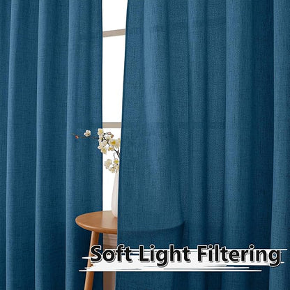 Tollpiz Linen Curtains Living Room Rod Pocket Semi Sheer Curtain Burlap Light Filtering Thick Linen Drapes for Bedroom, 38 x 63 inches Long, Classic Blue, Set of 2 Panels