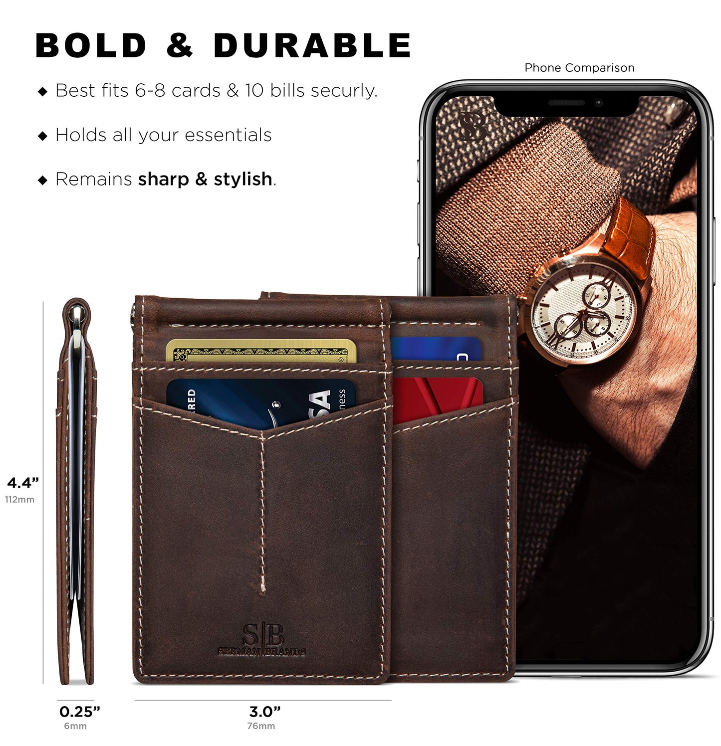 SERMAN BRANDS RFID Blocking Wallet Slim Bifold - Genuine Leather Minimalist Front Pocket Wallets for Men with Money Clip Gift (Texas Brown)