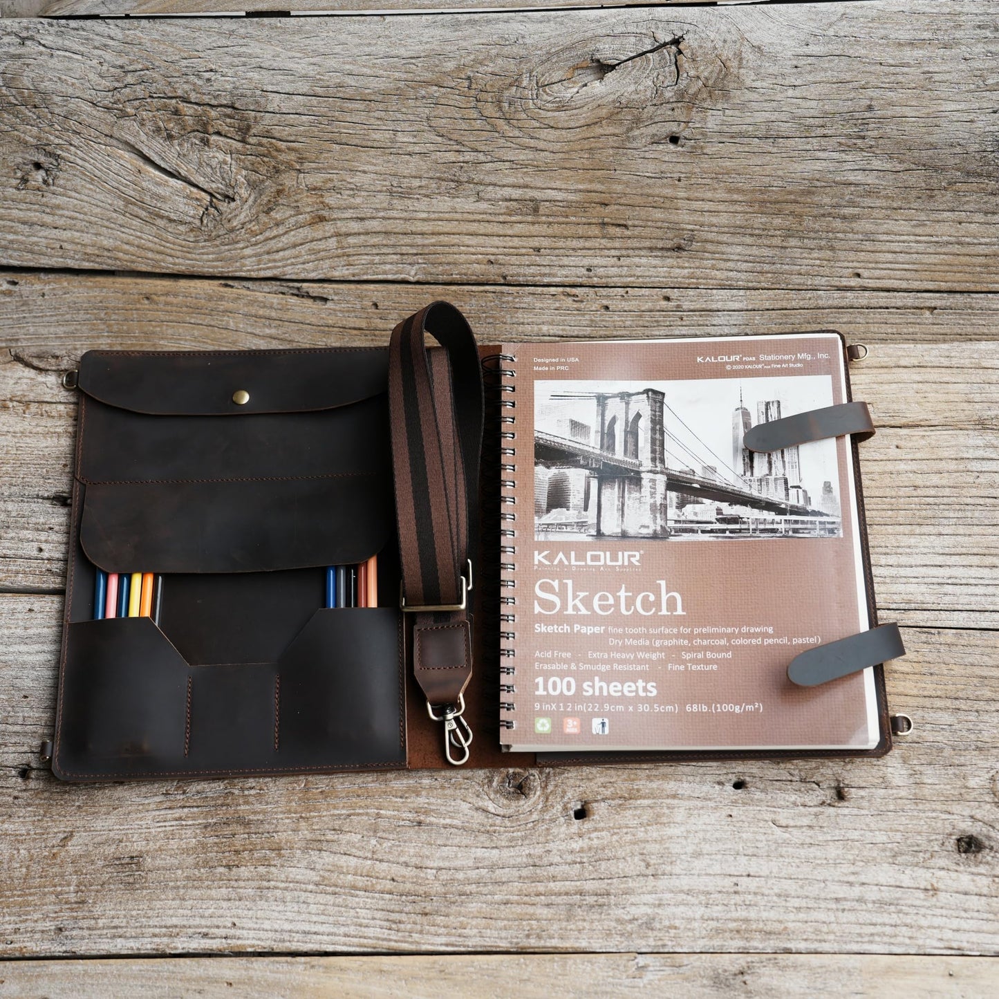 Handmade Leather Sketchbook Cover, Leather Artist Sketch Pad Cover for 9" x 12" Sketchbook, Drawing Book and Pencil Case, Journal Notebook Portfolio, Artis Drawing Gifts (darkbrown)