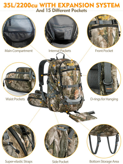NEW VIEW Hunting Backpacks for Men 35L, Camo Backpack for Hunting with Rifle Bow Gun Holder, Waterproof Hunting Pack with Rain Rover