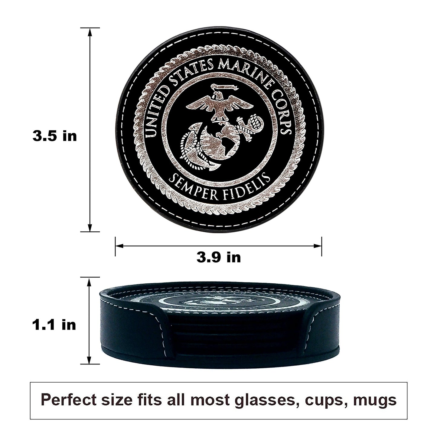 USMC Leather Coaster Set - 4 Premium Coasters with Hot Stamped Foil US Marines EGA Logo - Marine Corps Gift | USMC Leather Coasters