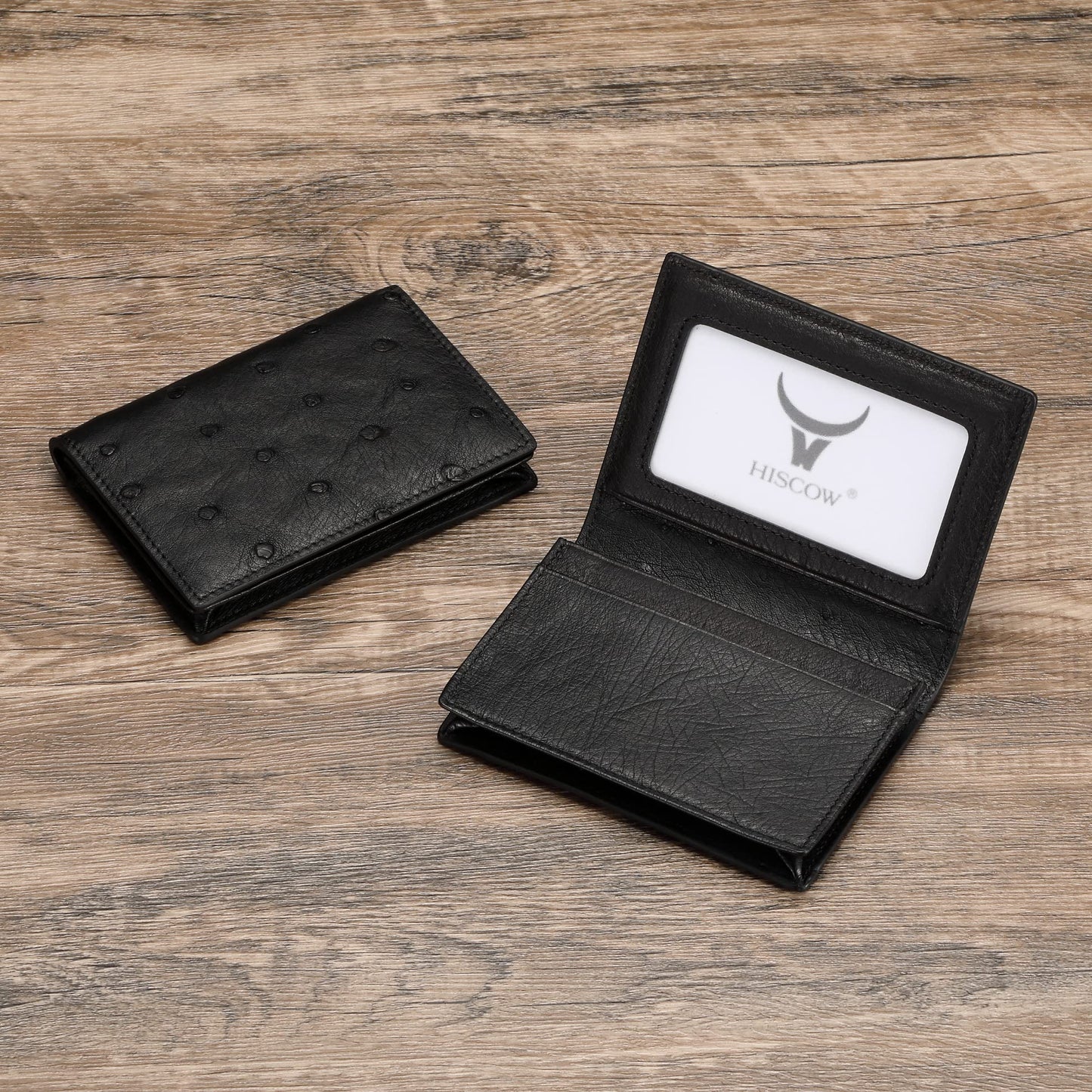 HISCOW Leather Business Card Case Holder for Men & Women, Italian Calfskin (Ostrich Black)