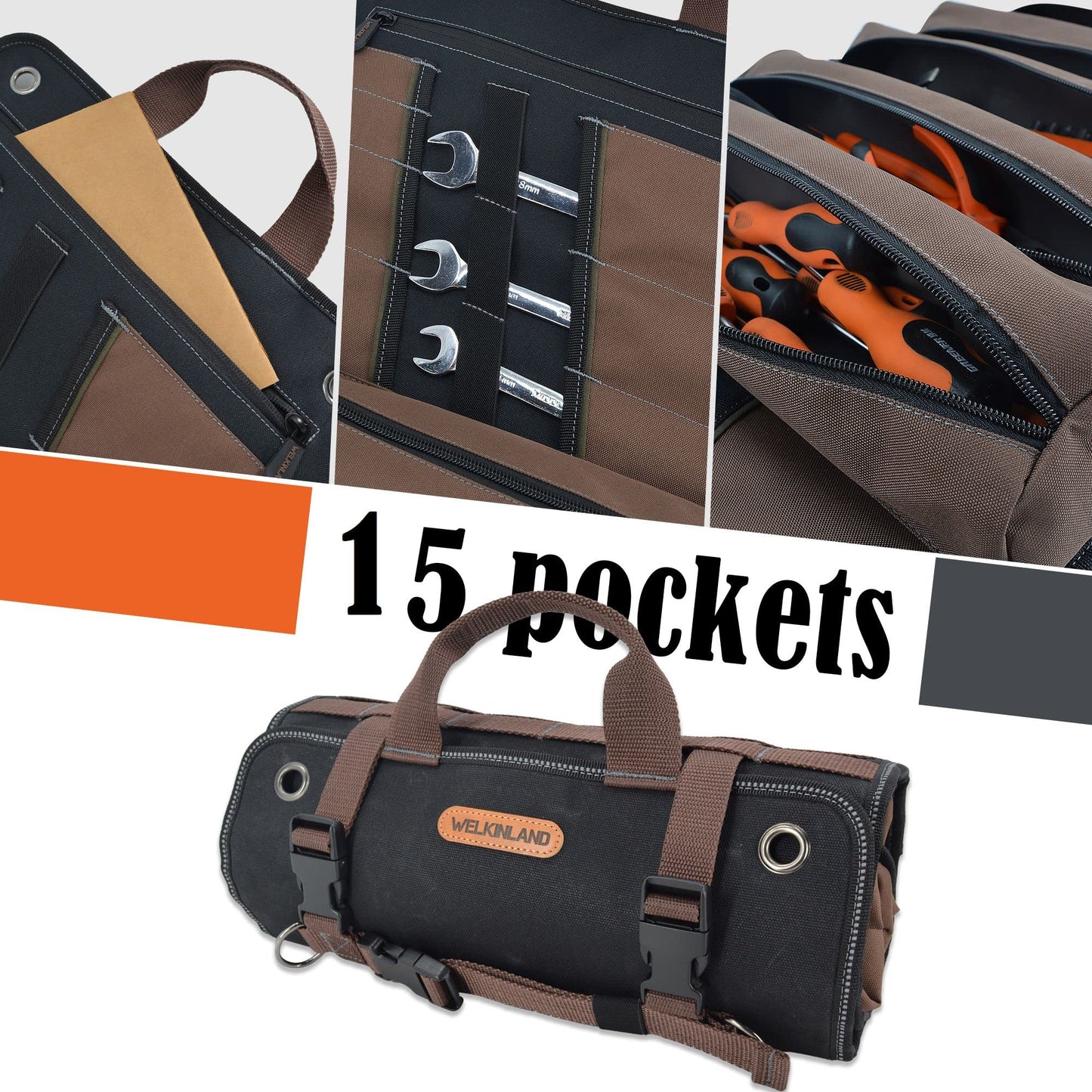 WELKINLAND Heavy-Duty Waxed Canvas Tool roll, 15-Pockets Tool Wrap Roll, 15L Tool Up Roll Bags, Tool Bag Roll, Tool roll organizer, Roll up tool bag organizer