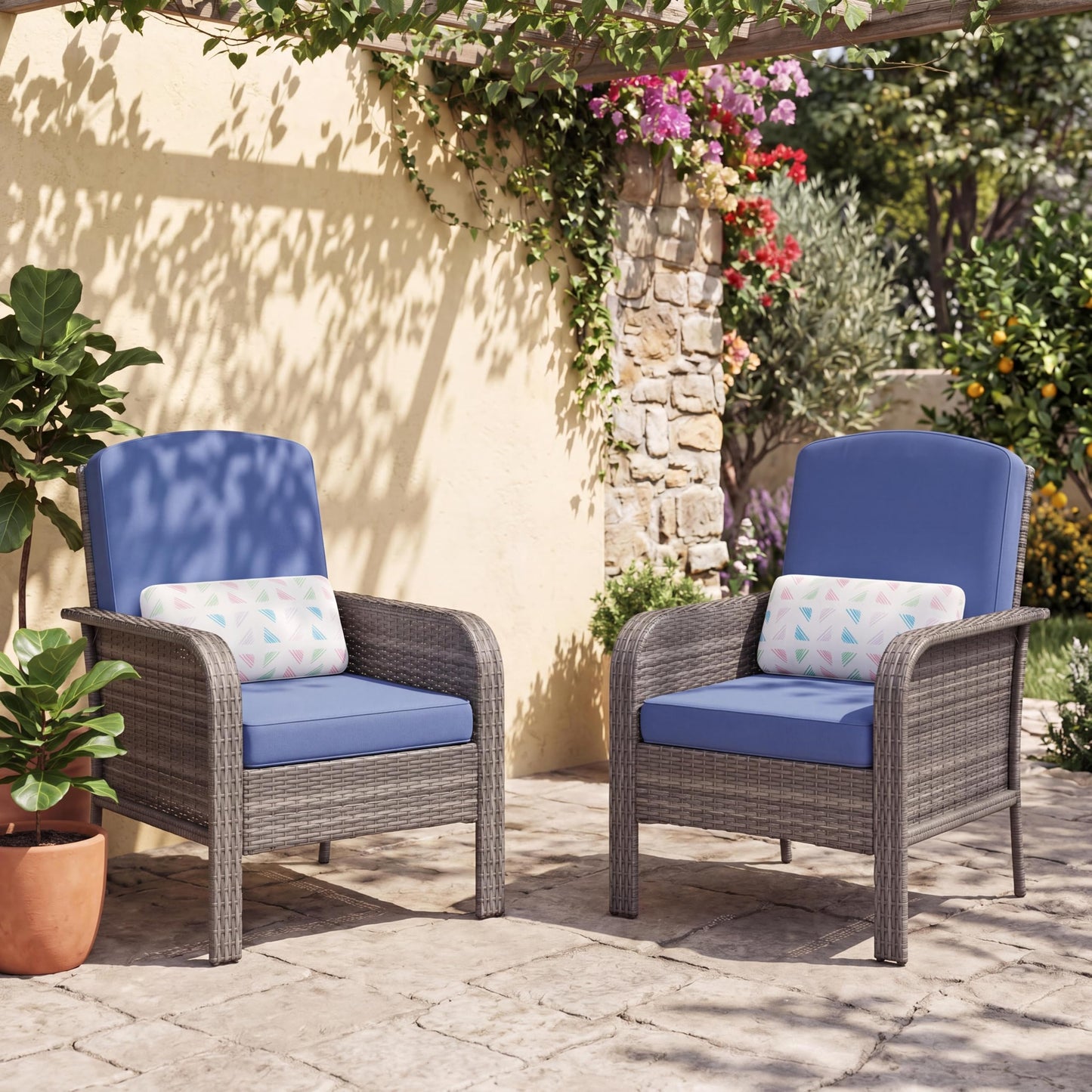 GarveeHome 2-Piece Outdoor Patio Furniture Set, All-Weather Rattan Chairs with Thick Cushions, High Back Wicker Lounge Chairs for Porch, Deck, Garden, Poolside & Backyard (Gray Rattan, Blue Cushion)