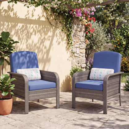 GarveeHome 2-Piece Outdoor Patio Furniture Set, All-Weather Rattan Chairs with Thick Cushions, High Back Wicker Lounge Chairs for Porch, Deck, Garden, Poolside & Backyard (Gray Rattan, Blue Cushion)