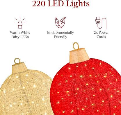 Best Choice Products 2pc Lighted Pop-Up Outdoor Christmas Ornament Set, Holiday Ball Decoration w/ 220 LED Lights, 8 Light Functions - Red/Gold