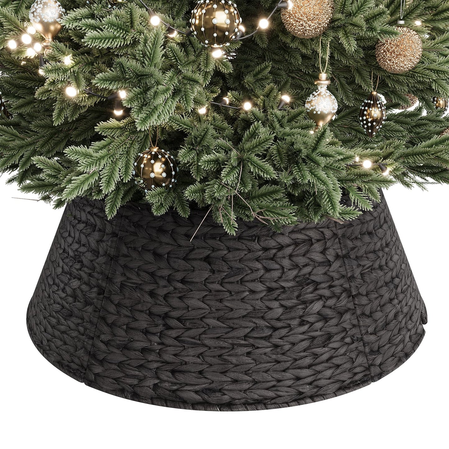 ELYKEN 28-Inch Woven Rattan Christmas Tree Collar, Stylish Hyacinth 5-Piece Tree Skirt for Artificial Trees, Wicker Tree Base Cover with Cord Cut-Out for Home Decor, Living Room Display, Black