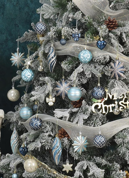 82Pcs Blue and Gold Christmas Ornaments Set,Plastic Assorted Christmas Decorations for Tree Shatterproof Baubles Snowflake Xmas Ball Ornaments for Holiday Party Decor (Blue&Gold)