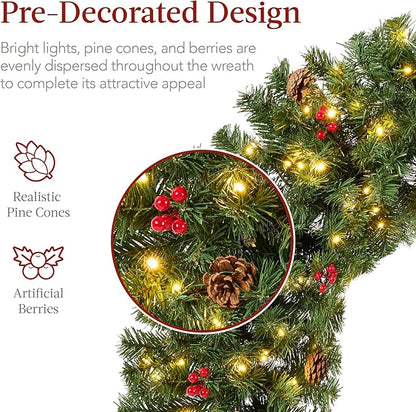 Best Choice Products 48in Pre-Lit Christmas Wreath w/Berries & Pinecones, Large Artificial Indoor/Outdoor Decor for Door, Mantel w/Red Bow, Plug-in