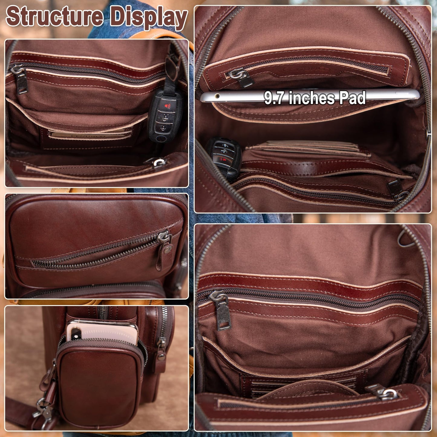 CENUNCO Genuine Leather Sling Bag for Men Large Crossbody Shoulder Bag Casual Sling Backpack Anti-Theft Travel Chest Purse (Dark Brown)