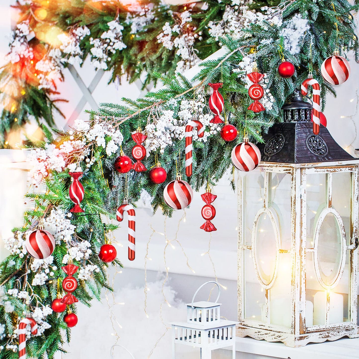 Aoriher 24 Pcs Christmas Candy Cane Ornament Red and White Plastic Peppermint Candy Cane Christmas Decorations Xmas Hanging Lollipop Pattern Decorations with Rope for Xmas Party Holiday Festival Decor