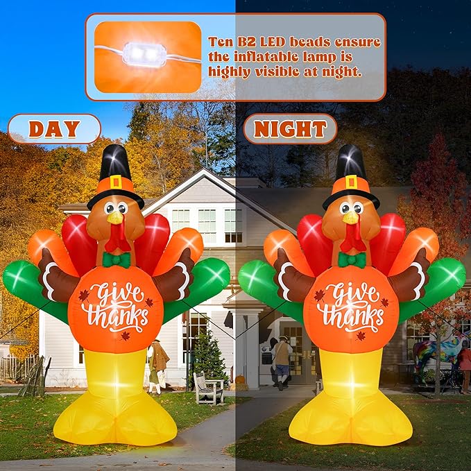 14FT Thanksgiving Inflatables Turkey, Giant Blow Up Turkey with Colorful Tail, Lighted Thanksgiving Outdoor Decorations Give Thanks Turkey Pumpkin for Fall Autumn Harvest Holiday Yard Decor