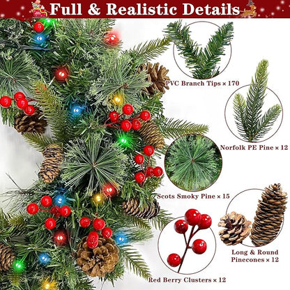 24 Inch Foldable Christmas Wreaths for Front Door, Lighted Christmas Wreath with Pinecones Berried 50 Warm White & Multicolor Lights 8 Modes Timer Norfolk Pine Wreath Xmas Wreaths for Door Wall Window
